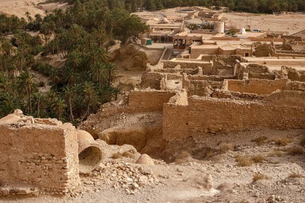 View of the mountain oasis of Shebika and an old abandoned village in the middle of the Sahara Desert, Tunisia, Africa