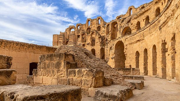 Ancient african Roman Colosseum amphitheatre ruins and columns, El Jem, Mahdia