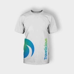 White Travelicious shirt with big logo, front view https://sunsetdouz.com/wp-content/uploads/2018/09/shirt-05-front-300x300.jpg